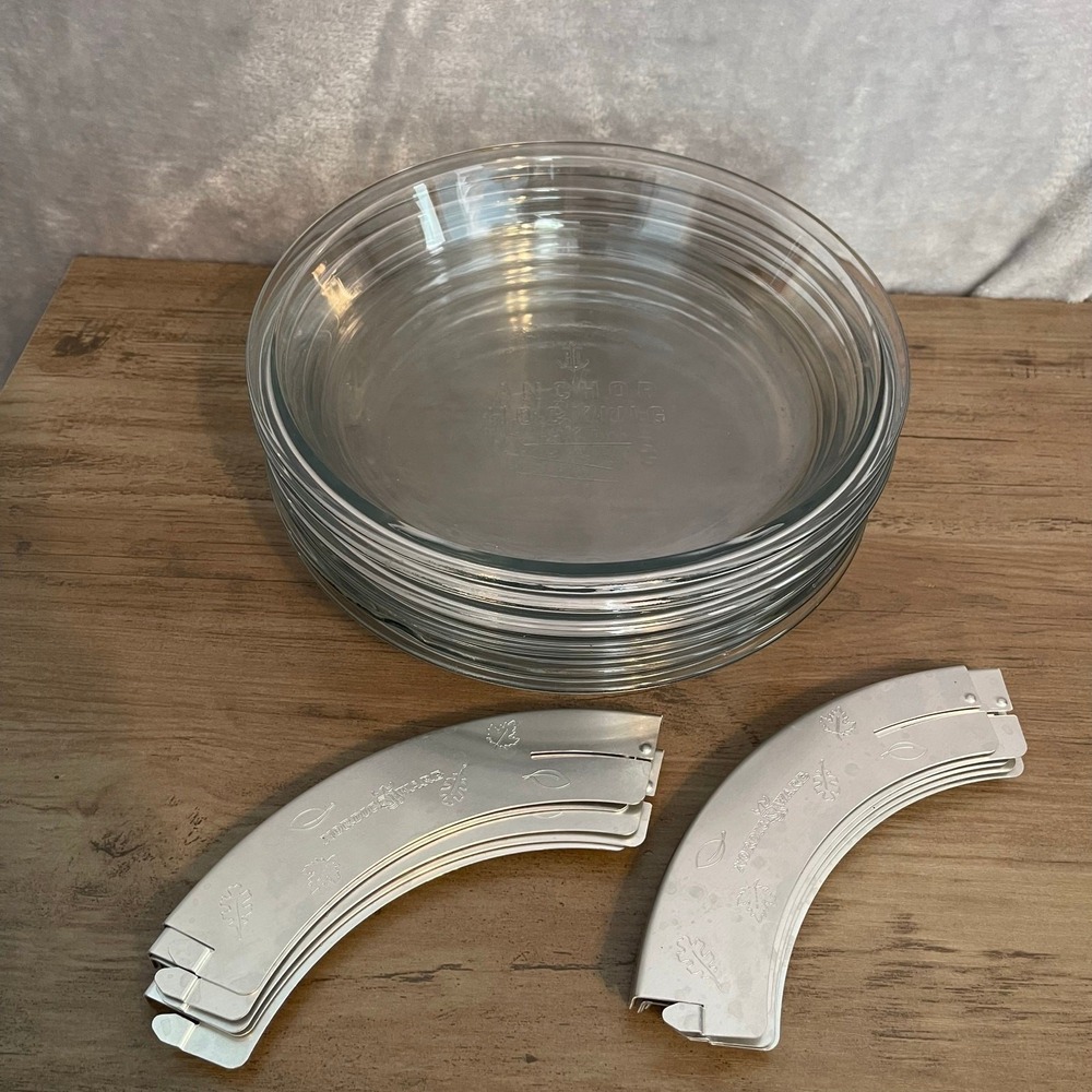 6 Anchor Hocking 9" Glass Pie Pans Dishes 2 Nordic Ware Adjustable Shield Metal